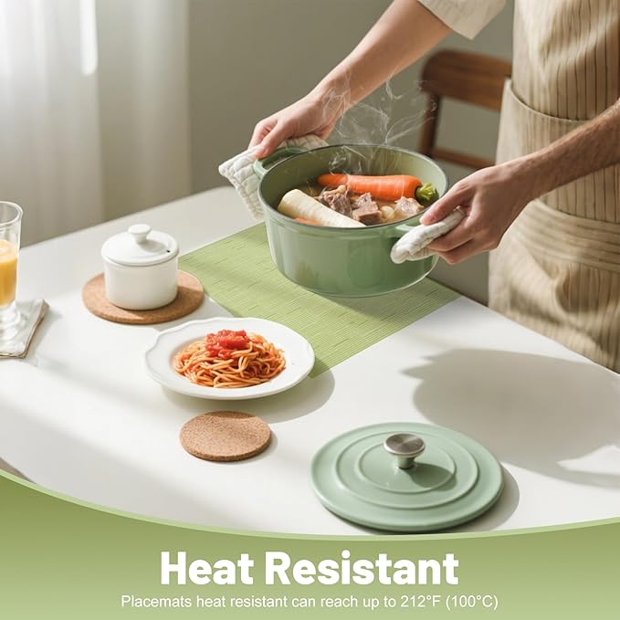 Placemats Set of 12，Christmas Non-Slip PVC Weave Table Mats Easy to Clean，Heat Resistant Place Mats for Kitchen Dining Table Decoration Indoor Outdoor，Pea Green