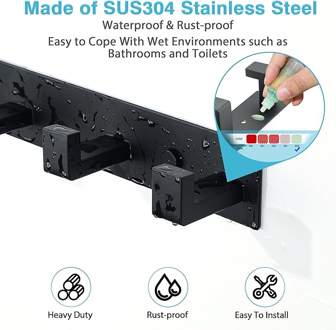 Alise Coat Hooks Wall Mount Hat and Coat Rack with 3 Hooks Wall Mount Key Hooks for Robes,Bags,Keys,and Towels,SUS304 Stainless Steel Wall Hooks for Hanging,Self Adhesive or Drilling,Matte Black