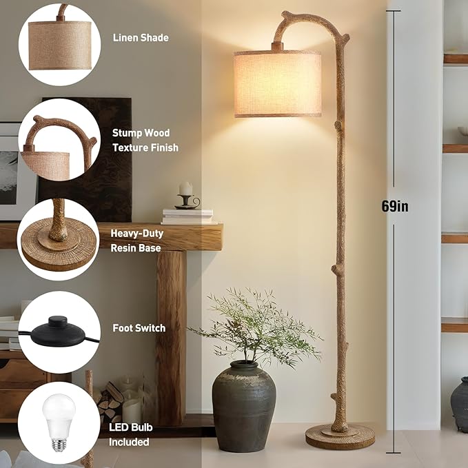 EJIAXIN Floor Lamp for Bedroom - 69" Rustic Farmhouse Tall Lamp with Adjustable Color Temperatures - Country Resin Vintage Reading Light Standing Lamps for Living Room Office Classroom, Bulbs, Brown