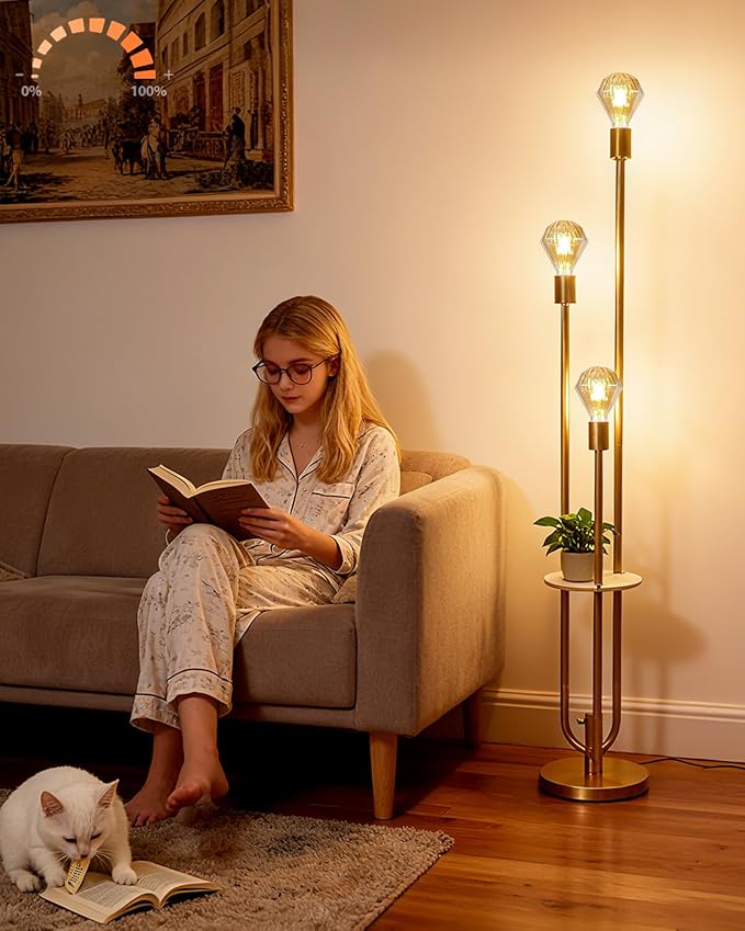 Lightdot Gold Floor Lamp for Living Room, Dimmable Vintage Floor Lamp with Shelf & E26 Base Bulbs, 3 Light 3000K Warmwhite Mid Century Standing Lamp for Reading, Tall Lamp for Bedroom Office