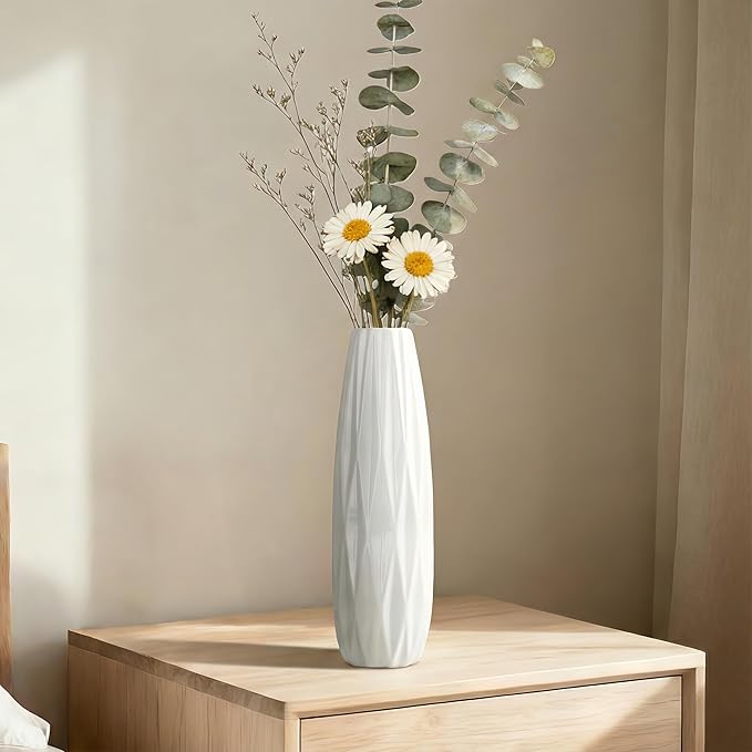12 Inch White Vase Ceramic Flower Vase, Tall Vases for Pampas Grass, Home Decor, Modern Textured Vases for Living Room Decorations,Table Centerpieces,Shelf,Farmhouse Small Ceramic Vase