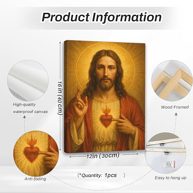 Sacred Heart of Jesus Canvas Wall Art Divine Mercy Wall Decor Jesus Portrait Painting Christian Religious Artwork Catholic Poster Prints for Bedroom Living Room Prayer Room Church 12x16in