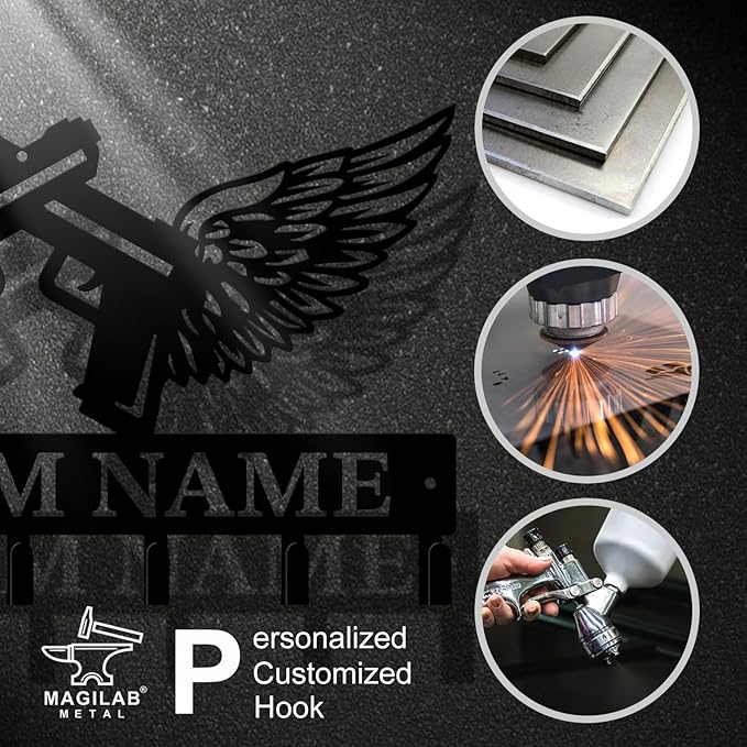Personalized Custom Name Gun Wall Hooks,Metal Gun Room Art Clothes Hooks,Metal Gun Wall Home Storage Decorative,For Front Door, Hallway, Kitchen, Bedroom,Keys,Hats (Style D)