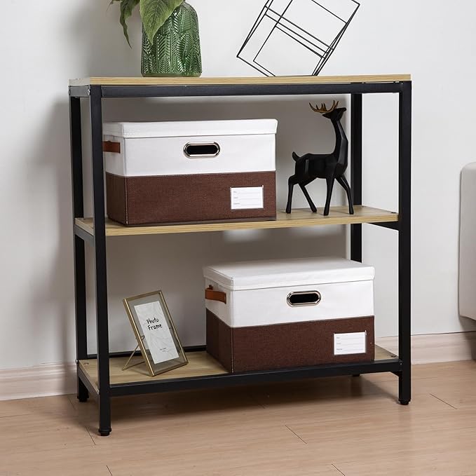 PRANDOM Foldable Storage Bins with Lids [3-Pack] Fabric Collapsible Storage Boxes Baskets Cubes Containers with Handles for Closet Living Room Bedroom (Brown & White 14.9x9.8x9.8'')