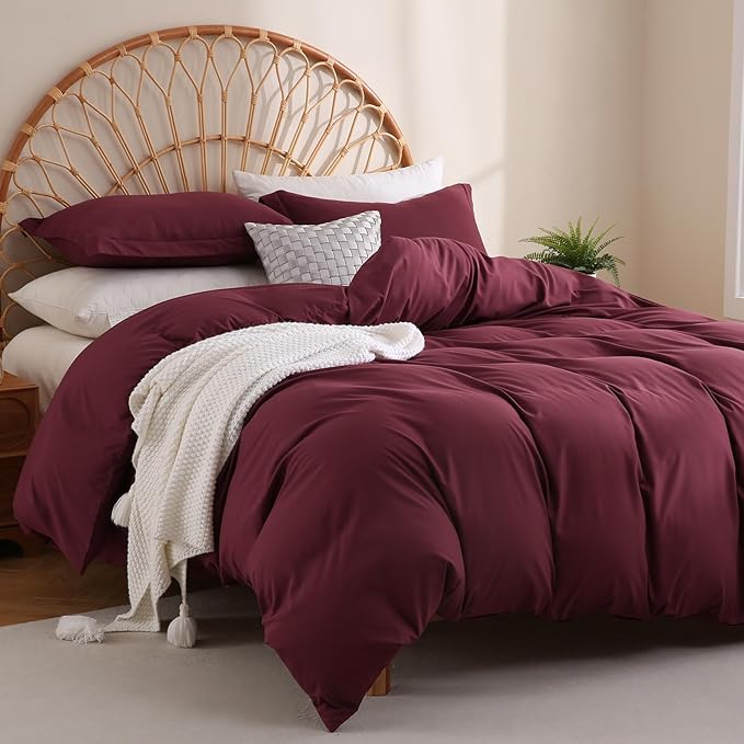 JSD Burgundy Duvet Cover Set King Size, 3 Piece Duvet Cover with Pillow Shams, Soft Brushed Microfiber Zipper Closure, Comforter Not Included