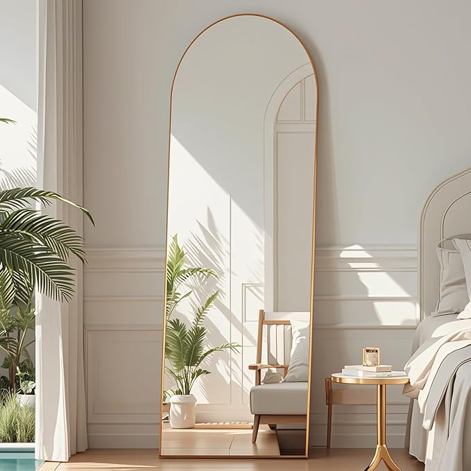 58"x18" Arched Full Length Mirror - Floor Standing or Wall Mounted with Stand, Aluminum Frame & Shatter-Proof Glass, Gold Freestanding Mirror for Bedroom, Living Room, Entryway Decor