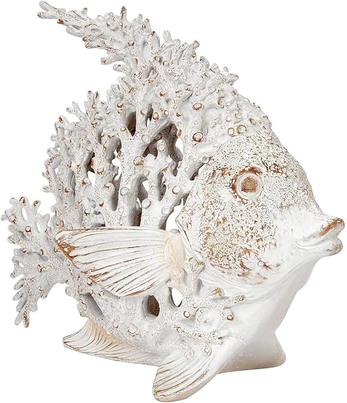 Ocean Decor White Coral Reef Angelfish Sculpture Beach Home Decor Coastal Coral Look Tabletop Collection 11 in x 10 in