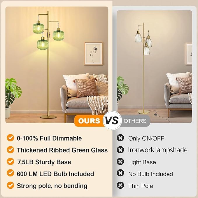 LVYE Modern Floor Lamp with Green Glass Shade, Dimmable Gold Standing Lamp, Mid Century 3 Lights Tall Lamp, Vintage Retro Floor Lamps for Living Room,Bedroom, 3×6W Bulbs Included