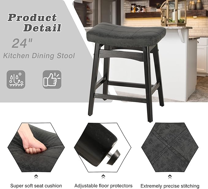 Sophia & William Black Bar Stool for Kitchen Island,24" Counter Height Bar Stools with Wooden Legs, Abrasive Leather Saddle Seat Bar Stool,1PC