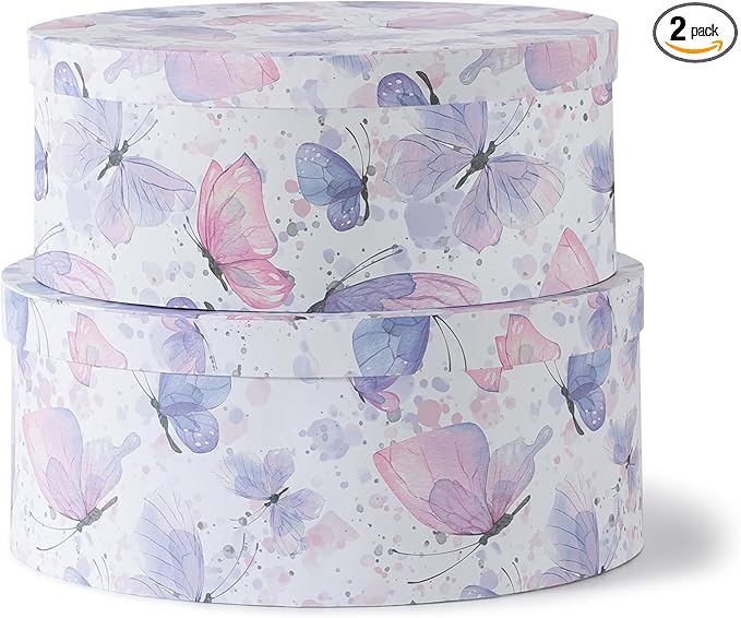 Soul & Lane Large Oblong Cardboard Decorative Storage Boxes with Lids, Set of 2 Cardboard Boxes for Flowers and Gifts, Oval Nesting Memory Containers for Keepsakes and Organizing, Butterfly Garden