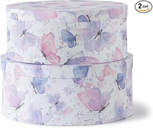 Soul & Lane Large Oblong Cardboard Decorative Storage Boxes with Lids, Set of 2 Cardboard Boxes for Flowers and Gifts, Oval Nesting Memory Containers for Keepsakes and Organizing, Butterfly Garden