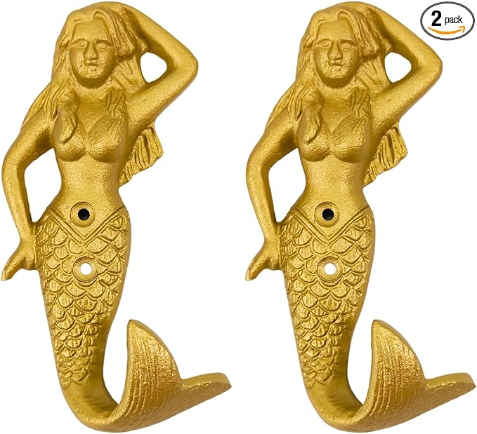 Set of 2 Cast Iron Mermaid Coat Hooks Wall Art Decor-Mermaid Hangers and Key Holder-Clothes Rack and Backpack Hanger-Coat Hooks Home Decor for Storage, Living Room, Hallway, Office (Gold)