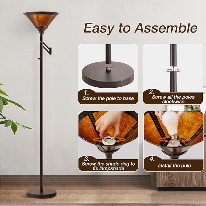 EJIAXIN Floor Lamps for Living Room - 70" Brown Torchiere Standing Floor Lamp with Adjustable Swing Arm - Tall Corner Lamp Decor for Bedroom with Mica Shade LED Reading Light for Home Office