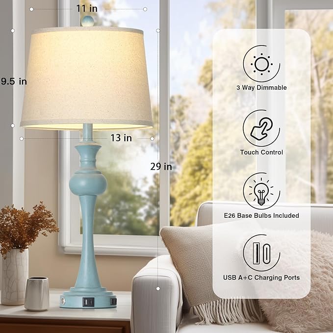 29" Coastal Table Lamp Set of 2, 3-Way Dimmable Touch-Control Bedside Lamps with USB-A+C Ports, Vintage Farmhouse Nightstand Lamps for Bedroom, Retro Blue (Includes 2 LED Bulbs)
