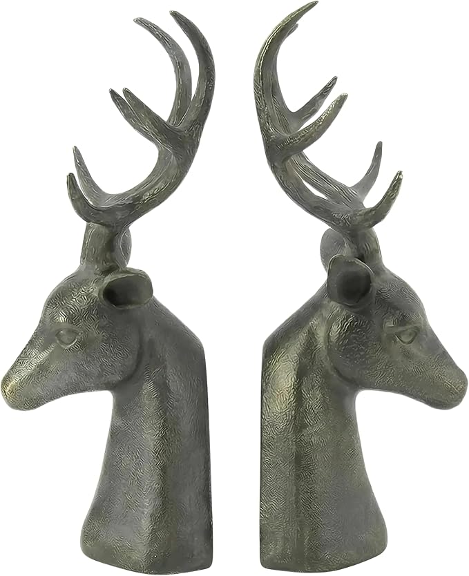 Comfy Hour 15" Tall Deer Head Decorative Bookends, Unique Antique Bronze Stag Buck Statues for Shelves, Heavy Duty Resin Animal Book Ends for Heavy Books, Rustic Lodge Cabin Decor, 1 Pair