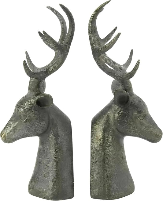 Comfy Hour 15" Tall Deer Head Decorative Bookends, Unique Antique Bronze Stag Buck Statues for Shelves, Heavy Duty Resin Animal Book Ends for Heavy Books, Rustic Lodge Cabin Decor, 1 Pair