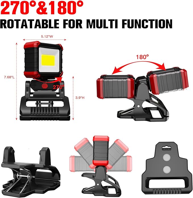 Yls 2 Pack LED Rechargeable Work Light with Clamp, 2100LM COB Magnetic Clip on Worklight with 3 Light Modes, 270°& 180° Rotatable Portable Clamp Worklight for Car Repairing, Jobsite, Grilling, Camping