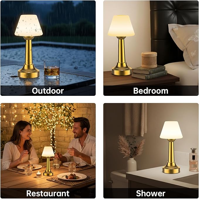 TRRMEZY Cordless Shower Lamp Waterproof, 18-Hour Rechargeable Battery Operated Outdoor Lamp, Dimmable Touch Table Lamp, IP65 Wireless LED Night Light for Bathroom Patio Camping Restaurant Bar Home