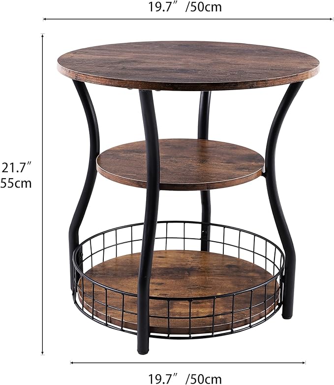 Round Side Table,3 Tier End Table with Storage Shelves for Living Room, Accent Sofa Couch Table for Small Spaces,Nightstand with Metal Frame for Bedroom, Rustic Brown - 19.7"