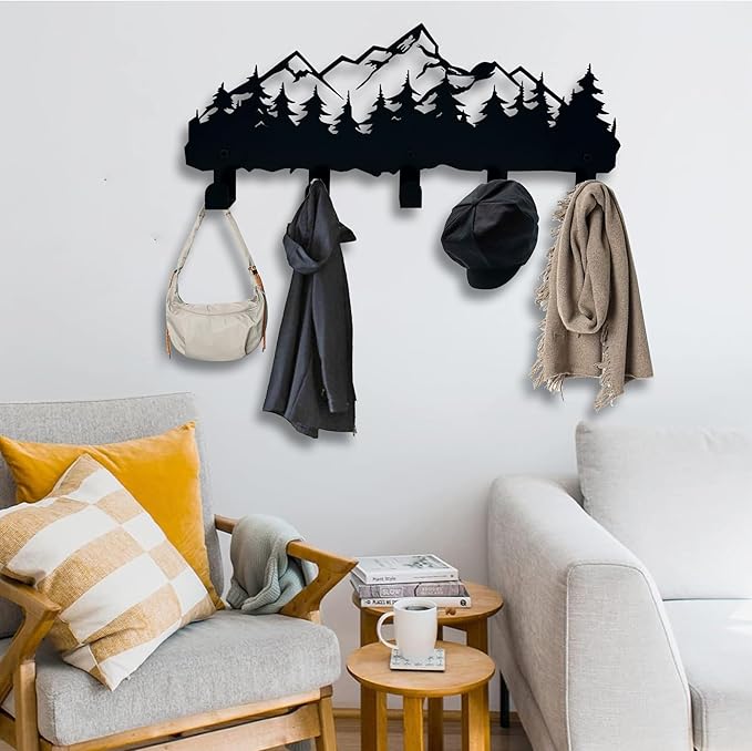 Metal Mountain Coat Hooks and Key Holder, Mountain Design Wall Art Decor, Clothes Hat Rack, and Backpack Hanger, Storage Decor for Living Room, Hallway, Office, Kitchen, Entryway, and Bedroom