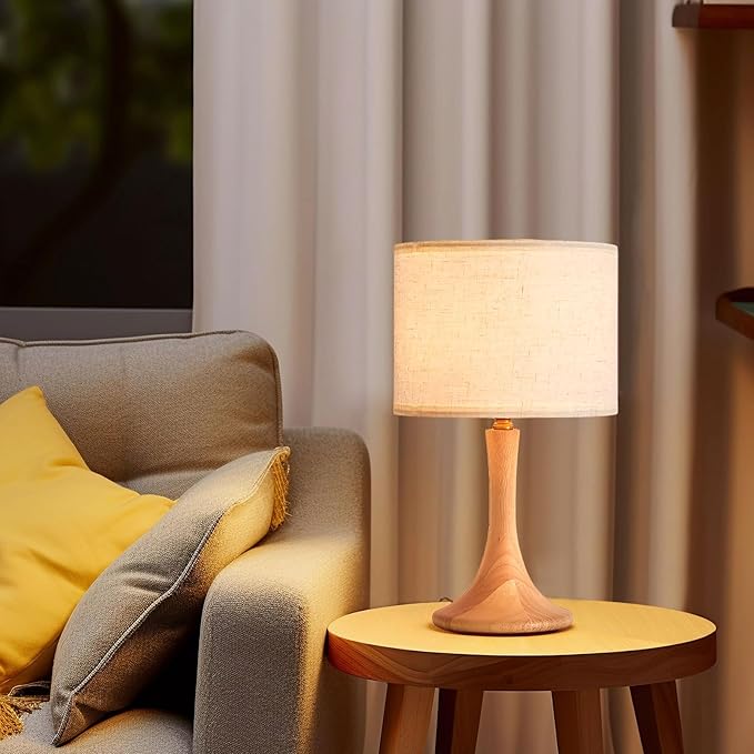 Bedside Table Lamp for Bedroom, Nordic Plug in Fabric Shade & Solid Wood Base Desk Lamp, Plug & Play Yellow Wood Color Nightstand Lamp for Living Room, Office, Switch Power Cord 【Bulb Not Included】