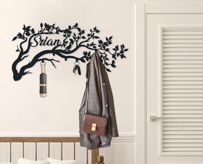 Custom Last Name Sign, Tree Branches Wall Coat Rack, Metal Hat Rack Name, Tree Hooks Metal Decor, Mounted Coat Hanger, Entryway Wall Art Signs
