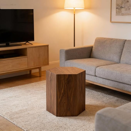 Modern Hexagonal Side Table, Walnut Wood MDF Coffee Table with Natural Texture, Non-Slip Surface, 15.7x13.8x18.9 Inches (Walnut)