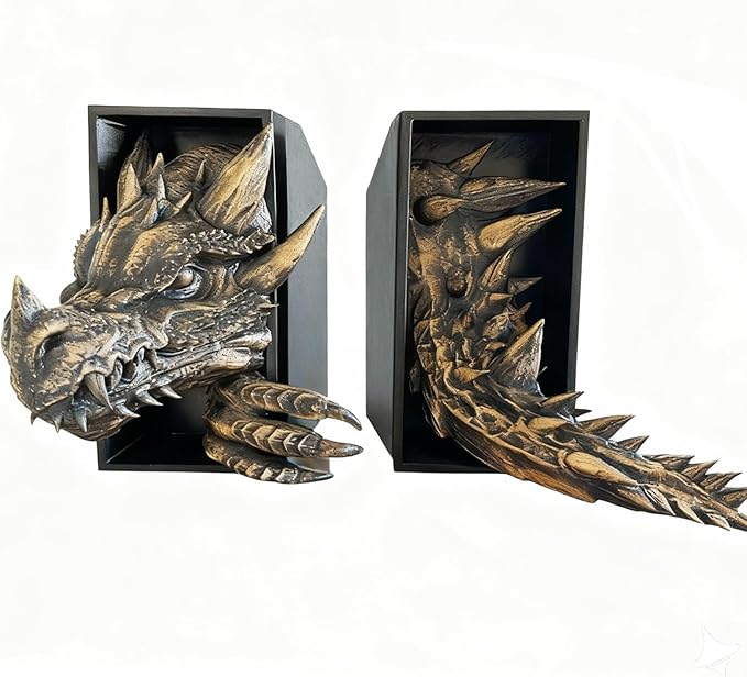 Dragon Bookshelf Decor Gothic Fantasy Bookends Black Animal Statues for Shelves Book Lovers Gifts Unique Resin Shelf Holder Set (10"*6.1"*4.9") Home Office Decorative (Antique Gold)