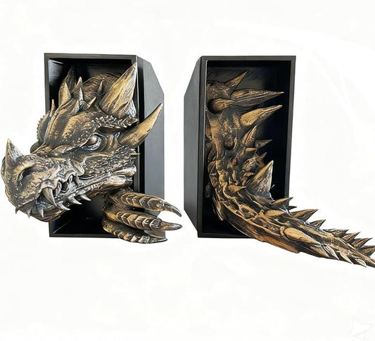 Dragon Bookshelf Decor Gothic Fantasy Bookends Black Animal Statues for Shelves Book Lovers Gifts Unique Resin Shelf Holder Set (10"*6.1"*4.9") Home Office Decorative (Antique Gold)
