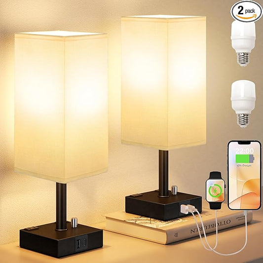 aooshine White Fully Dimmable Nightstand Lamps Set of 2 - Table Bedside Lamp with USB C+A Charging Ports & 2 AC Outlets, Square Lamp Sets Linen Fabric Shade for Bedroom Living Room(Bulb Included)