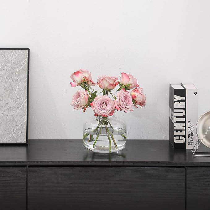Short Glass Vase, Short Flower Vase, Round Glass Vase, Small Glass Vases for Flowers, Clear Flower Vase, 6 Inch Modern Vases for Living Room, Dining Table, Wedding, Bookshelf, Office Decoration