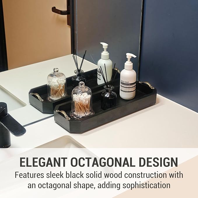 MyGift 16 Inch Modern Matte Black Toilet Tank Tray, Bathroom Sink Counter Solid Wood Octagonal Organizer with Aged Bronze Metal Handles, Wooden Vanity Storage Decor