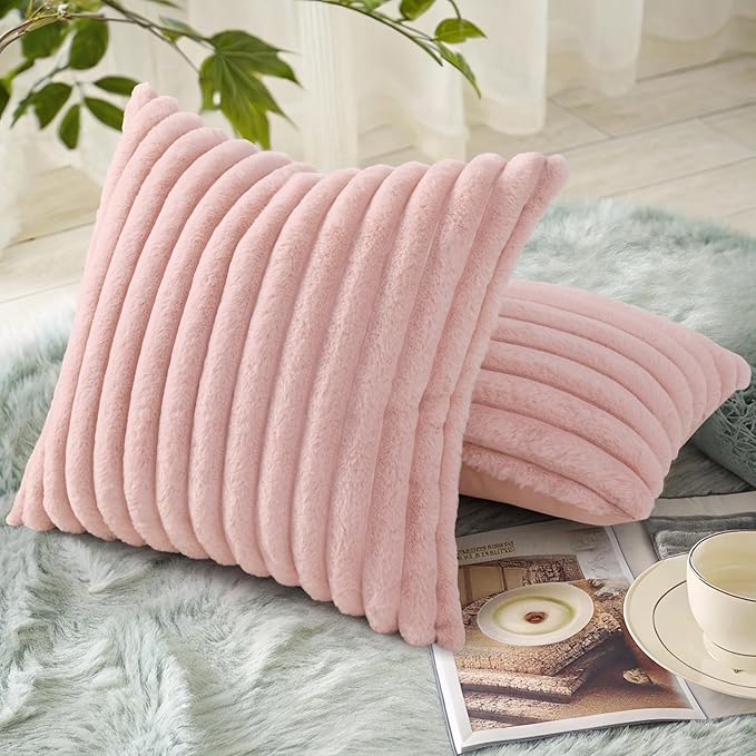 decorUhome Faux Fur Spring Throw Pillow Covers 26x26 Set of 2 Decorative Soft Plush Striped Neutral Couch Euro Sham Pillow Covers with Velvet Back for Sofa Bed Living Room Home Valentines, Pink