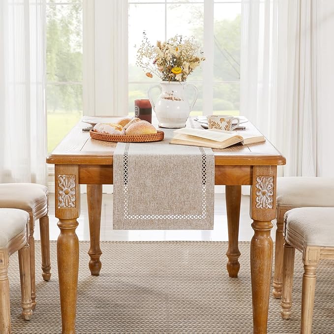 Burlap Style Farmhouse Table Runner, 13 x 108 Inch Coffee, Rustic Geometric Hollow Table Runners 108 Inches Long for Dresser Table Everyday Use, 13x108 Inches, Coffee