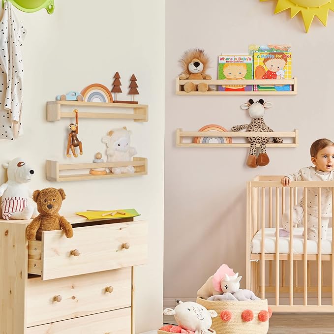 Fun Memories Nursery Book Shelves - Rustic Natural Solid Wood Floating Bookshelf for Kids - Wall Book Shelves for Kids Room (Natural, 24inch - 4P)