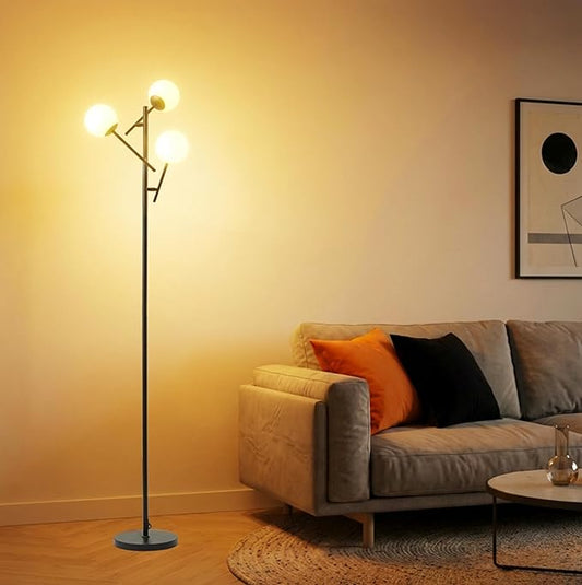 Fiqevs Globe Floor Lamp with 3 Adjustable Glass Ball Lampshade, Black Mid Modern Standing Lamp Bulbs Included, Sputnik Tree Tall Pole Lamp for Living Room, Bedroom