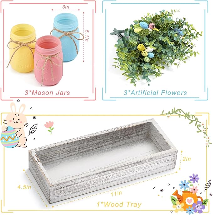 Easter Decorations, Mason Jar Centerpiece for Dinning Table with Wood Tray & Easter Eggs Decor, Table Decor for the Home, Spring Decorations for Home