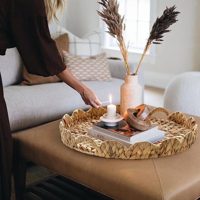 Extra Large Round Ottoman Table Tray 19.7" with Handles - Handmade Wicker Serving Hand Woven Tray for Farmhouse Decorative Oversized Coffee Table Trays Living Room Kitchen Counter Breakfast Scalloped