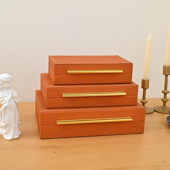 Faux Shagreen Decorative Storage Boxes – Set of 3 Stackable Jewelry Organizers with Gold Metal Handles & Velvet Lining, Modern Burn Orange Box for Vanity, Entryway & Coffee Table Décor
