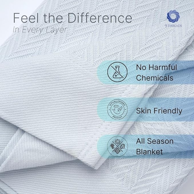 9Threads 100% Cotton Herringbone Weave Blankets, 108"X90" King,Throw Blanket for Bed,All Season Cotton Blanket, Cozy Blanket,Throws Bed Blanket, Throw Blanket for Couch,Modern Home Decor -Light Blue