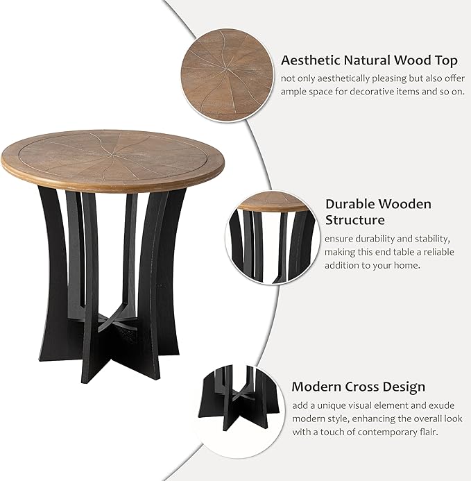 COZAYH Farmhouse Round End Table with Criss-Cross Wood Legs, Rustic French Country Side Table for Dinning or Living Room, Modern, Black, Natural Wood