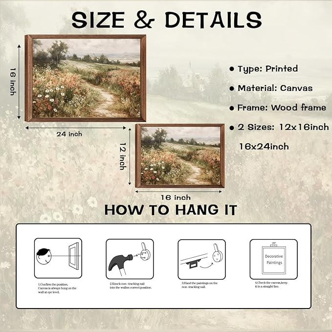 Vintage Cottagecore Canvas Wall Art Farmhouse Wildflower Nature Flower Posters Prints Country Watercolor Style Pictures Wall Decor for Living Room Bedroom Office Bathroom Home Decor 16x24in Framed
