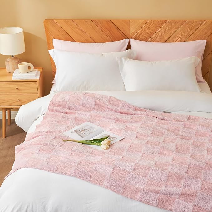 Snuggle Sac Checkered Throw Blanket,Fluffy Faux Fur Knitted with Soft Microfiber Warm Throw Blankets for Couch, Sofa, Chair, Bed, Camping, Picnic, Travel, Solid Pink, 50x60 inches