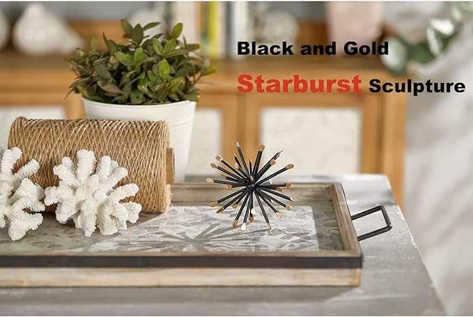 Black & Gold Sphere Decor, Metal Starburst Table Shelf Decor, Geometric Decorative Objects for Shelves, 3D Spike Decor Sculpture Home Decor Accents, 4.3”