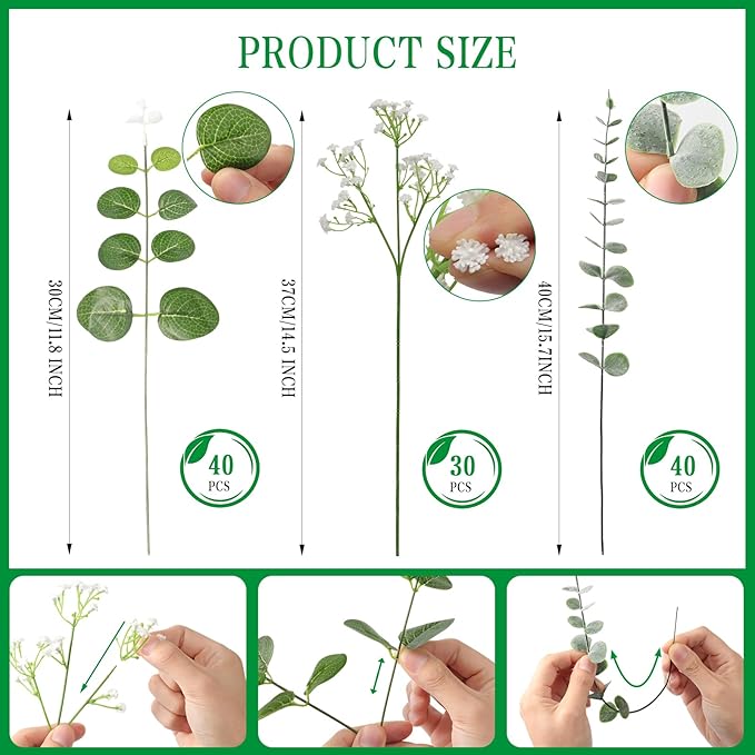110 Pcs Mixed Artificial Eucalyptus Stems with Baby's Breath Bulk Faux Greenery for Modern Farmhouse Decor, Rustic Wedding Centerpieces, Vase Fillers, DIY Bouquets & Home Decor