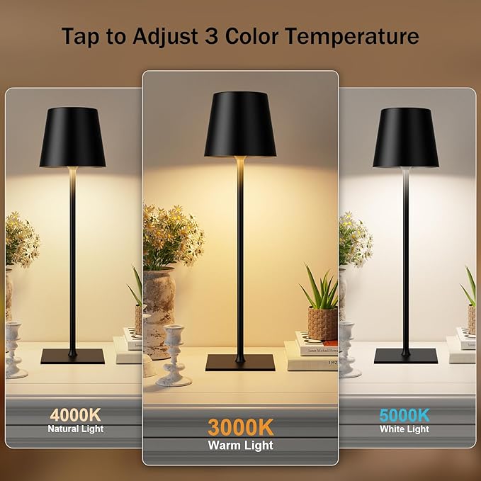 Black Cordless Rechargeable Table Lamp, 2 Pack Portable Desk Lamp with 5000mAh Battery, Touch Control Stepless Dimming, Wireless Night Light for Dining, Outdoor Camping, Coffee Shop, Waterproof Design