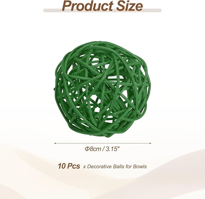 PATIKIL 3 Inch Wicker Rattan Balls, 10 Pcs Decorative Balls for Centerpiece Bowls Wedding Party Home Decor DIY Craft, Deep Green