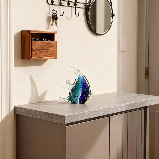 DOVDOV Hand-Blown Glass Fish Decorative Statues, Blue sea Glass Art Decor, Coastal-Themed Decor Suitable for Rooms, Offices, Coffee Tables, and TV Stands, Featuring Marine Animal Sculptures.