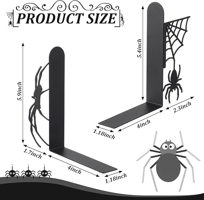 Geelin Creepy Spider Metal Bookends Set of 2 Styles Gothic Black Spider and Web Book Ends for Shelves Scary Home Office Desk Bookshelf Decor Gift for Book Lovers Reading Enthusiasts