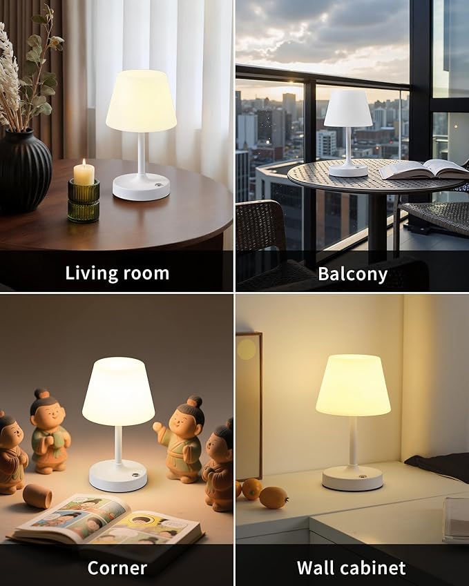 PUSU Cordless LED White Small Table Lamp, Waterproof Shower Light with 4000mAh Battery, Portable Rechargeable Touch Dimming Night Light for Bathroom, Outdoor Camping, Kitchen, Patio, Restaurant